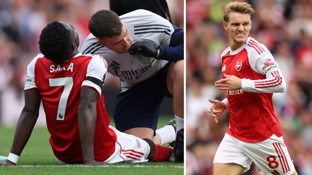 Bildmontage: Arsenals Bukayo Saka och Martin Ødegaard i 5–0-segern mot Leeds.