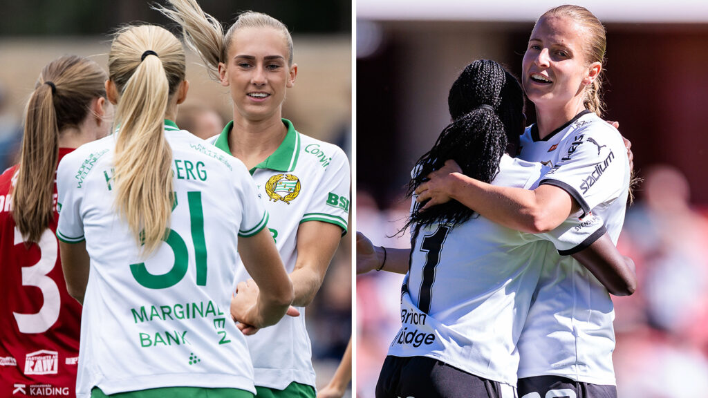 Bildmontage: Hammarbys Ellen Wangerheim jublar efter 0-1 under fotbollsmatchen i Damallsvenskan mellan Piteå och Hammarby & Häckens Monica Jusu Bah och Anna Anvegård jublar