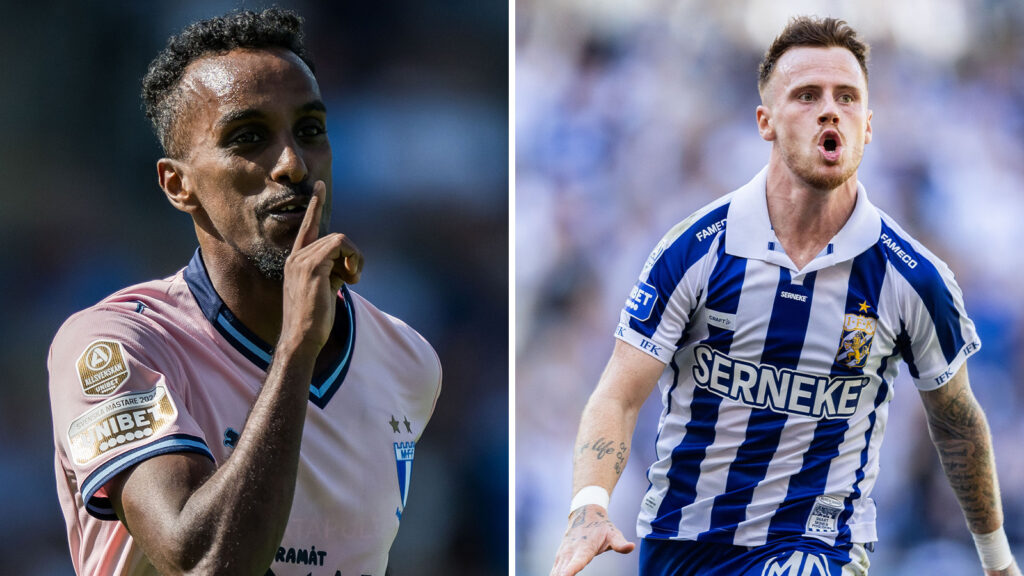 Bildmontage: Malmö FF:s Taha Ali jublar mot Halmstads BK & IFK Göteborgs Tobias Heintz jublar mot AIK.
