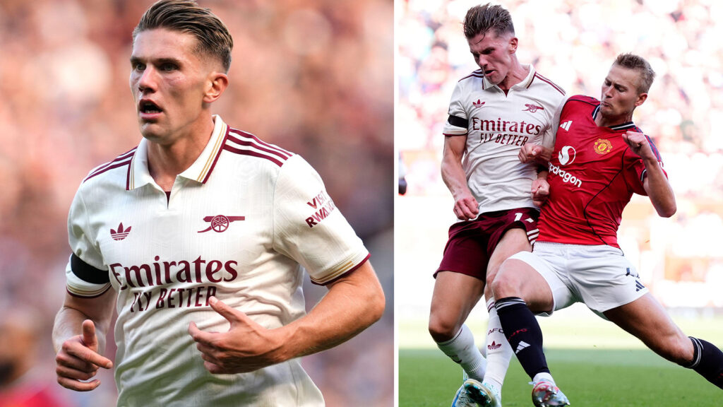 Bildmontage: Viktor Gyökeres och Viktor Gyökeres i kamp med Matthijs de Ligt i Premier League-premiären mellan Manchester United och Arsenal.