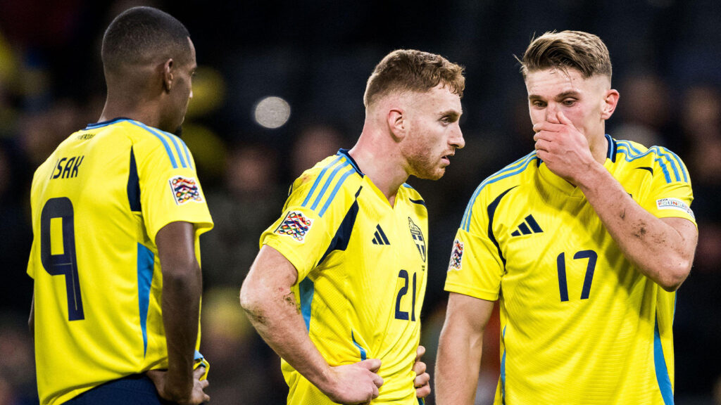 Alexander Isak, Dejan Kulusevski och Viktor Gyökeres från Sverige. under Nations League-matchen i fotboll mellan Sverige och Slovakien den 16 november 2024 i Stockholm.