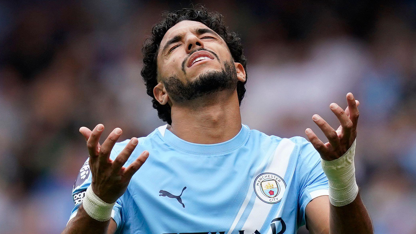 Manchester, Storbritannien. 23 aug 2025. Omar Marmoush från Manchester City reagerar under Premier League-matchen mellan Manchester City och Tottenham Hotspur på Etihad Stadium, Manchester.