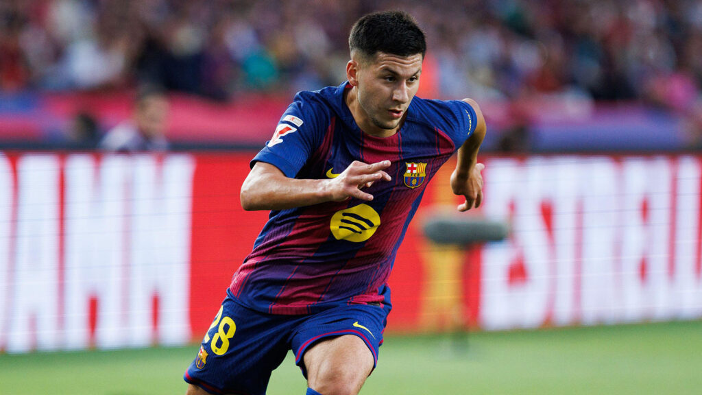 Barcelona, Spanien. 28 sep, 2025. Roony Bardghji i aktion under LaLiga EA Sports-matchen mellan FC Barcelona och Real Sociedad på Estadi Olímpic Lluís Companys.