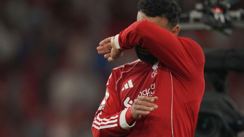 Liverpools Mohamed Salah reagerar efter fulltid i den engelska Premier League-matchen mellan Liverpool och Bournemouth på Anfield Stadium i Liverpool, England, fredagen den 15 augusti 2025.