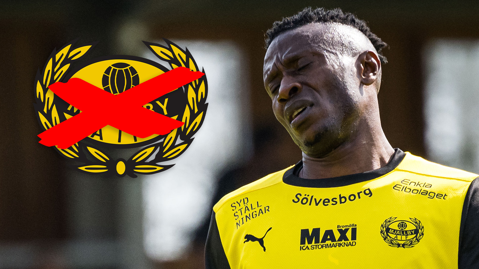 240504 Mjällbys Silas Nwankwo deppar under fotbollsmatchen i Allsvenskan mellan Mjällby och Brommapojkarna den 4 maj 2024 i Hällevik.