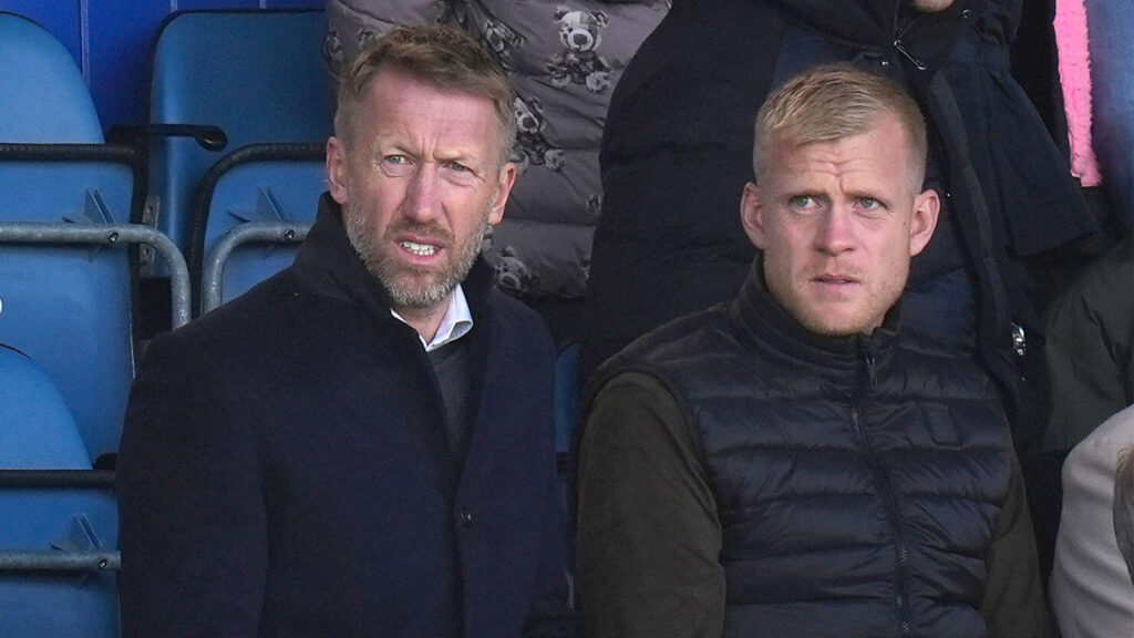 Sveriges förbundskapten Graham Potter (vänster) och assisterande tränare Linus Kandolin på läktaren under Sky Bet Championship-matchen på Fratton Park, Portsmouth. Bilddatum: lördagen den 25 oktober 2025.