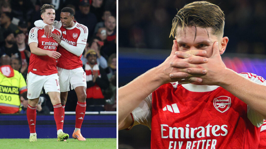 London, Storbritannien. 21 oktober 2025. Arsenal mot Atletico Madrid - Champions League - Emirates Stadium - London. Viktor Gyökeres firar efter att ha gjort sitt första mål.