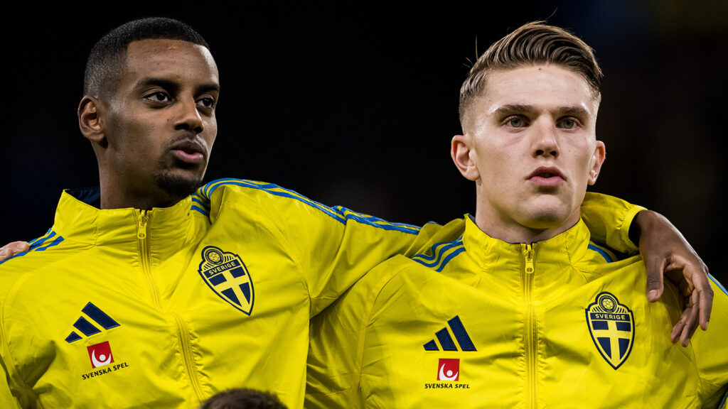 241119 Alexander Isak, Viktor Gyökeres och Sebastian Nanasi från Sverige inför Nations League-matchen mellan Sverige och Azerbajdzjan den 19 november 2024 i Stockholm.