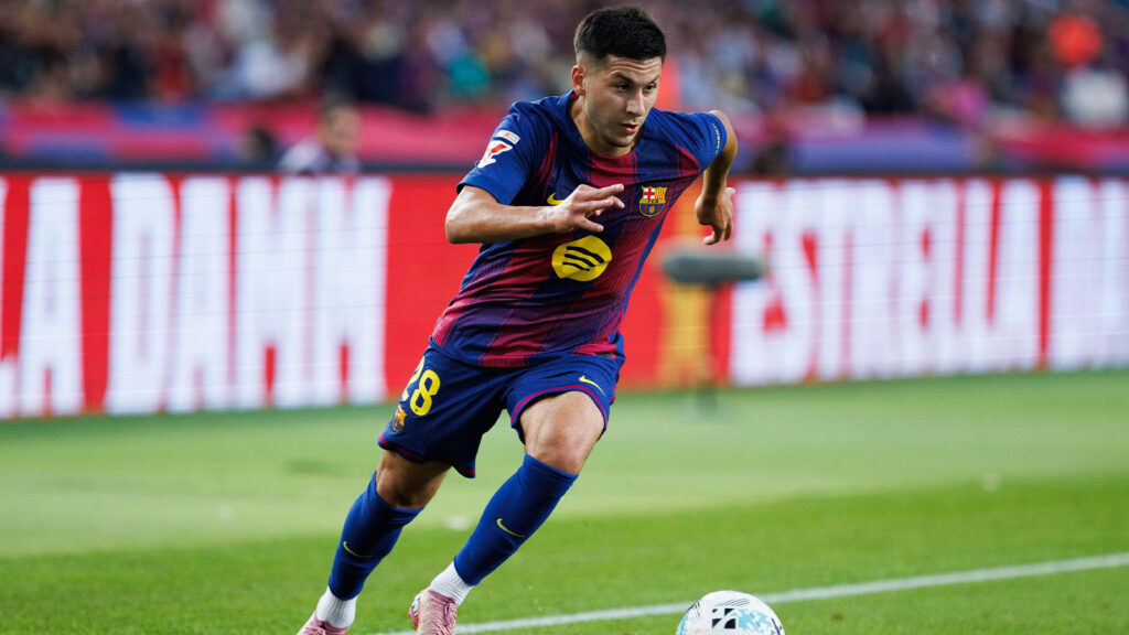 Barcelona, Spanien. 28 september 2025. Roony Bardghji i aktion under LaLiga EA Sports-matchen mellan FC Barcelona och Real Sociedad på Estadi Olimpic Lluis Companys.