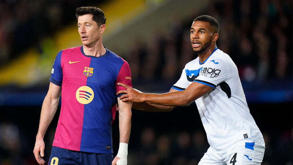 Barcelona, Spanien. 29 januari 2025. Isak Hien från Atalanta och Robert Lewandowski från FC Barcelona under UEFA Champions League-matchen, omgång 8, mellan FC Barcelona och Atalanta som spelades på Lluis Companys Stadium den 29 januari 2025 i Barcelona, Spanien.