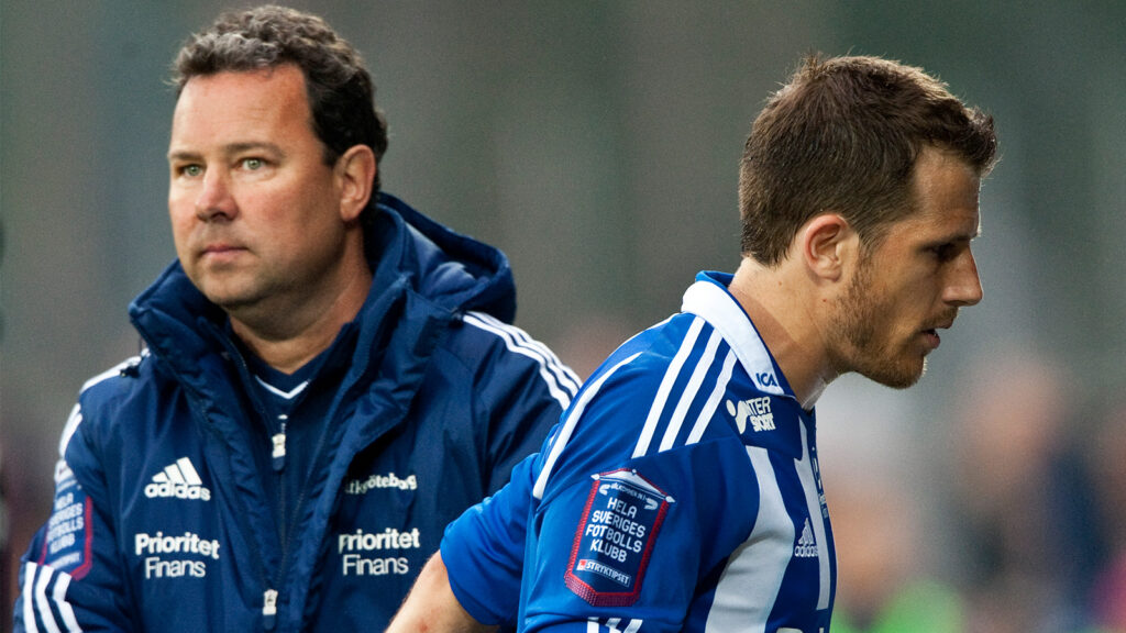 110618 Fotboll, allsvenskan, IFK Göteborg: Stefan Rehn, tränare och Tobias Hysen.
