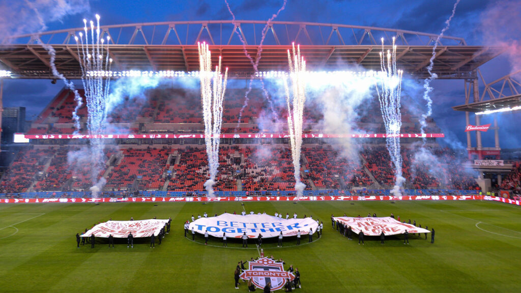 17 mars 2019 - Toronto, Ontario, Kanada - Vy ovanifrån över BMO Field under MLS grundsäsongsmatch 2019 mellan Toronto FC (Kanada) och New England Revolution (USA) på BMO Field i Toronto.