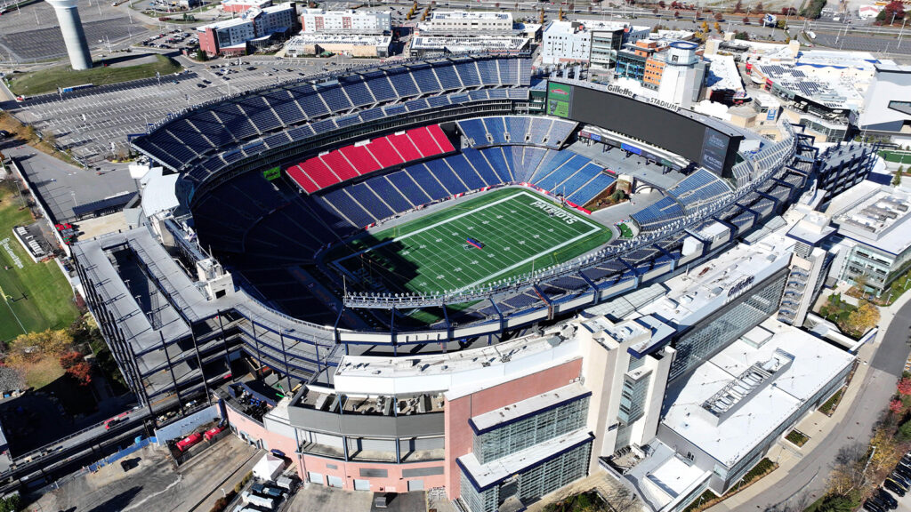En allmän flygvy över Gillette Stadium, söndag den 3 november 2024, i Foxborough, Massachusetts.