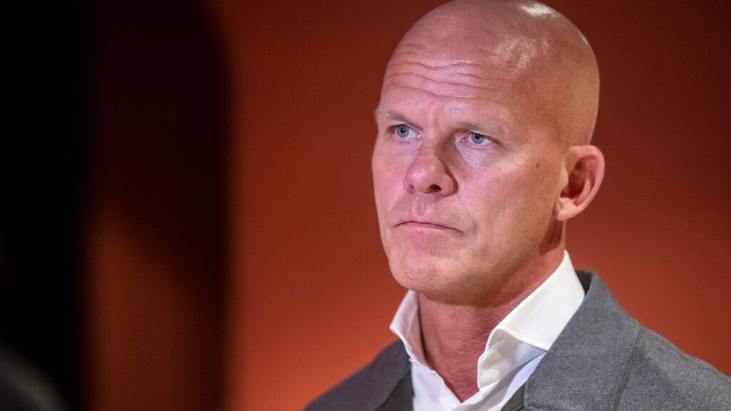 230328 Jens T Andersson, chef för Sveriges landslag, under en presskonferens den 28 mars 2023 i Stockholm.