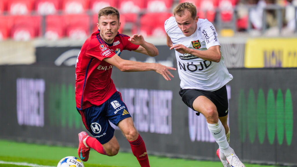 250810 Östers Patriot Sejdiu och Brommapojkarnas Victor Lind under fotbollsmatchen i Allsvenskan mellan Öster och Brommapojkarna den 10 augusti 2025 i Växjö.
