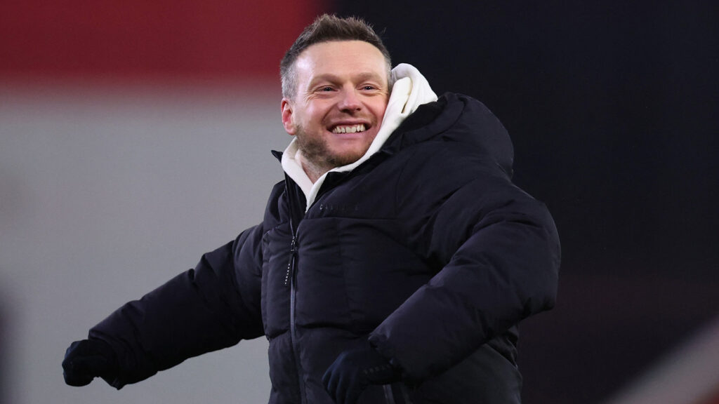 260121 Fotboll, Engelska League Championship - Championship - Stoke City mot Middlesbrough - bet365 Stadium, Stoke-on-Trent, Storbritannien - 21 januari 2026 Middlesbroughs tränare Kim Hellberg firar efter matchen.