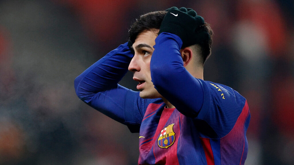 260121 Fotboll, Champions League - UEFA Champions League - Slavia Prag mot FC Barcelona - Fortuna Arena, Prag, Tjeckien - 21 januari 2026 FC Barcelonas Pedri reagerar.