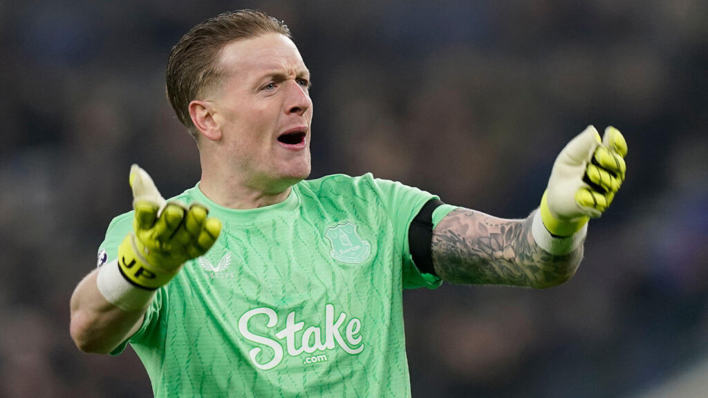 Liverpool, Storbritannien. 26 januari 2026. Jordan Pickford från Everton under Premier League-matchen mellan Everton och Leeds United på Hill Dickinson Stadium, Liverpool.