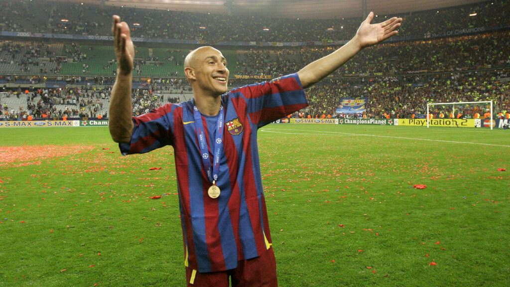 Barcelonas Henrik Larsson från Sverige reagerar efter att Barcelona vann Champions League-finalen mot Arsenal på Stade de France i Saint-Denis, utanför Paris, onsdagen den 17 maj 2006.