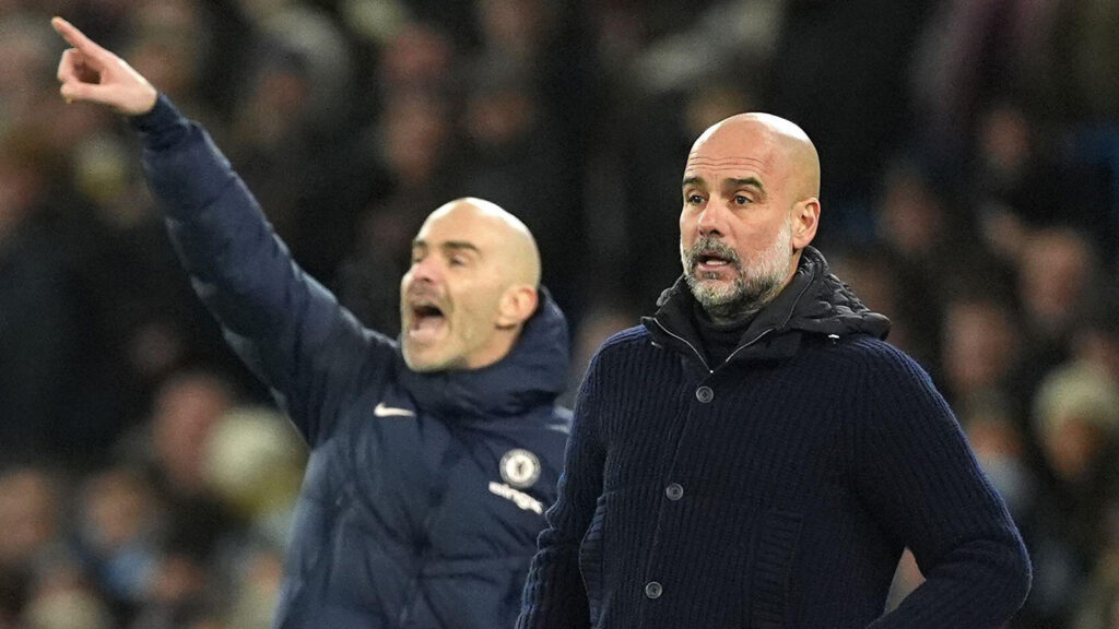 Arkivbild daterad 2025-01-25 på Pep Guardiola och Enzo Maresca. Pep Guardiola kan lämna posten som tränare för Manchester City FC vid säsongens slut, efter att FA-cupvinnarna inte kommenterat nya uppgifter om att spanjoren kommer att lämna i sommar. Publiceringsdatum: tisdagen den 19 maj 2026.
