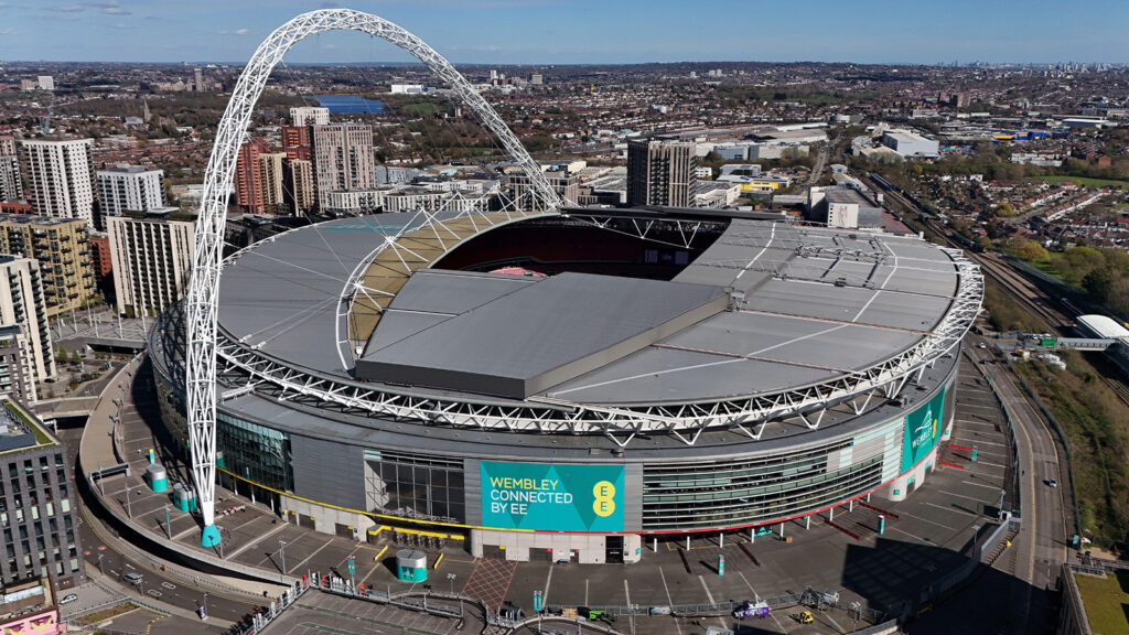 En allmän flygbild över Wembley Stadium i London inför Englands internationella träningsmatch mot Uruguay på fredag. Bilddatum: torsdagen den 26 mars 2026.