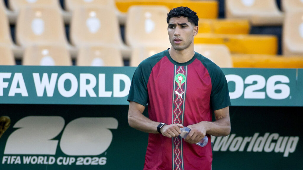 **Monterrey, Mexiko. 28 juni 2026. Marockos Achraf Hakimi under landslagets träningspass inför VM-matchen mot Nederländerna i fotbolls-VM 2026. (Foto: Koen van Weel/ANP)**