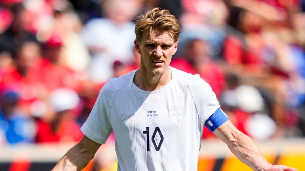 **Harrison, New Jersey, USA, 7 juni 2026. Norges Martin Ødegaard under den privata internationella fotbollsmatchen mellan Norge och Marocko på Sports Illustrated Stadium. Foto: Fredrik Varfjell / NTB. Denna text är automatiskt översatt.**