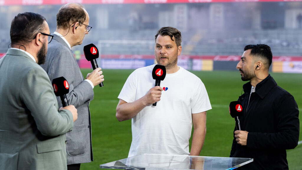 Örgrytes tränare Andreas Holmberg i TV4:s studio efter att matchen blivit avbruten under fotbollsmatchen i Allsvenskan mellan Örgryte och IFK Göteborg den 18 maj 2026 i Göteborg.