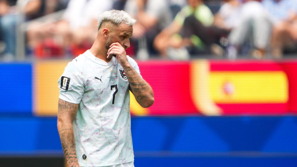 **Marko Arnautović under åttondelsfinalen mellan Spanien och Österrike i fotbolls-VM 2026 i Los Angeles, USA, den 2 juli 2026.**